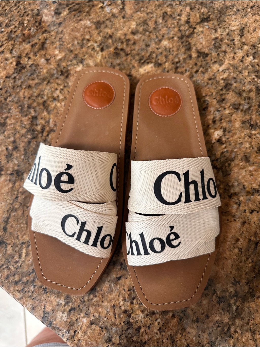 Chlo Beige Logo Canvas & Tan Leather Slide Sandals